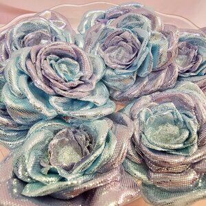 8pc Twilight Rose Fabric Flower Set, Purple & Blue Sparkle, Iridescent Centers